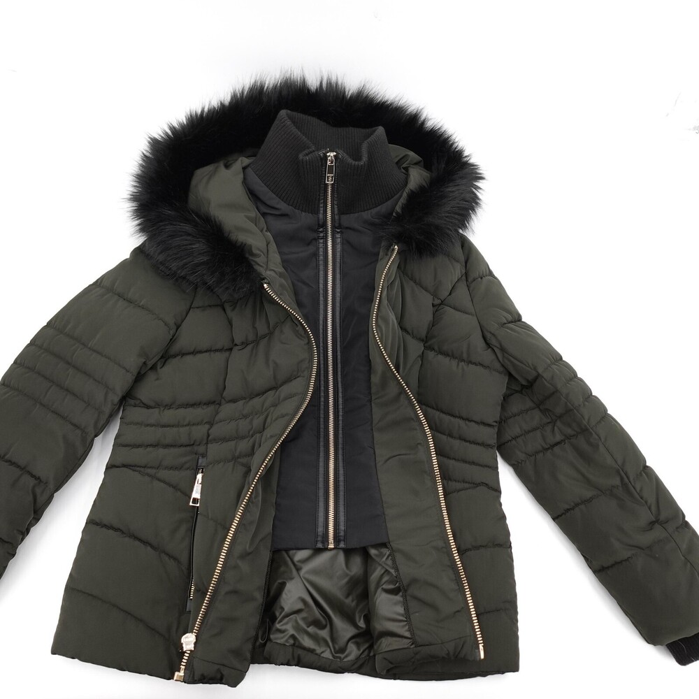 GUESS Jacket Womens Large Green Puffer Hood Faux Fur Trim Zip Pockets Warm - Picture 11 of 16